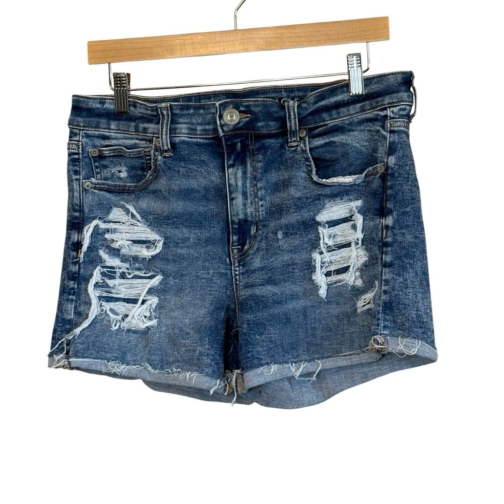 American Eagle Womens Hi Rise Shortie Shorts Denim Distressed Stretch Size 12